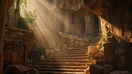 Religious Easter background, with strong light rays shining through the entrance into the empty stone tomb. Artistic strong vignette, contrast, Easter day or resurrection of jesus christ concept - obrazy, fototapety, plakaty