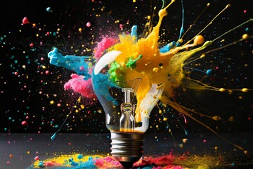 Creative light bulb explodes with colorful paint and splashes on a black background. Think d