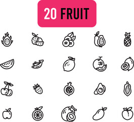 Collection of fruit linear icons. Set of avocado, lemon symbols drawn with thin contour lines. 