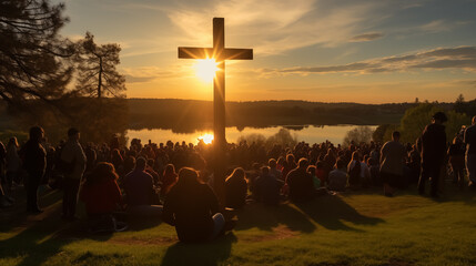 Organize a community sunrise service to celebrate the resurrection of Jesus Christ. Silhouette of...