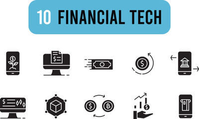 Collection of Financial Tech Glyph icons. Set of money, currency symbols drawn with thin contour lines.