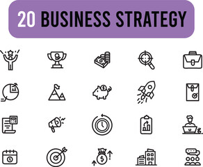Collection of Business Strategy doodle icons. Set of Rocket, Piggy Bank symbols drawn with thin contour lines.