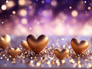 Obraz premium gold color 3d hearts in gold and purple glow particles abstract background with bokeh effect
