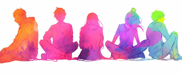 Anime Style Watercolor Painting of a Group Therapy Session, Mental Health Concepts, Generative AI.