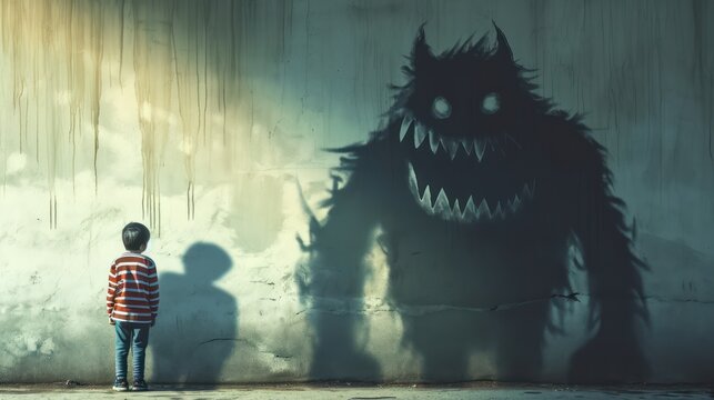 A little kid with shadow monster. on the wall.