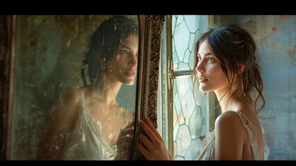 young woman looking herself in beautiful mirror pragma - obrazy, fototapety, plakaty