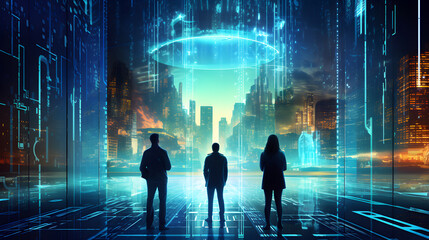 Guardians of the Binary Gate: Defending the Digital Frontier, Futuristic Guardians Standing Vigilant In The Digital Realm