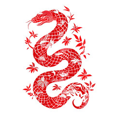 Obraz premium Silhouette in the shape of red animal designations snake, woodcut prints, cultural symbolism, China New Year celebration isolated PNG