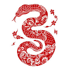 Obraz premium Silhouette in the shape of red animal designations Snake, woodcut prints, cultural symbolism, China New Year celebration isolated PNG