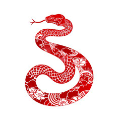 Fototapeta premium Silhouette in the shape of red animal designations snake, woodcut prints, cultural symbolism, China New Year celebration isolated PNG
