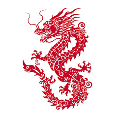 Obraz premium Silhouette in the shape of red animal designations Dragon, woodcut prints, cultural symbolism, China New Year celebration isolated PNG