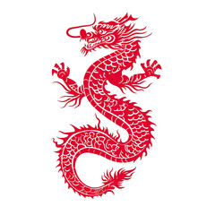 Silhouette in the shape of red animal designations Dragon, woodcut prints, cultural symbolism, China New Year celebration isolated PNG