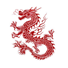 Silhouette in the shape of red animal designations Dragon, woodcut prints, cultural symbolism, China New Year celebration isolated PNG