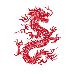 Silhouette in the shape of red animal designations Dragon, woodcut prints, cultural symbolism, China New Year celebration isolated PNG