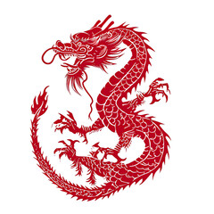 Silhouette in the shape of red animal designations Dragon, woodcut prints, cultural symbolism, China New Year celebration isolated PNG