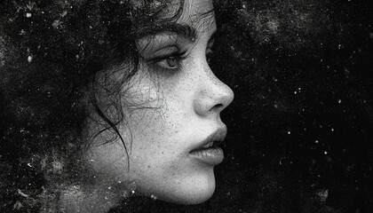 A monochrome young woman's profile portrait combined with abstract grainy digital art against black background,generative ai - obrazy, fototapety, plakaty