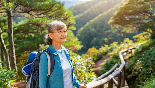 Blossoming Beauty: Senior Woman's Japanese Forest Hike in the Summer Sun