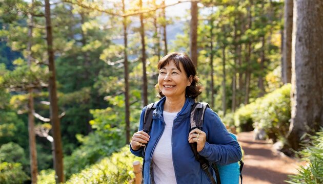 Graceful Journey: A Senior Woman's Summer Hike in a Japanese Forest