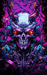Intricately designed demonic skull mask illustration, colorful colors, Japanese culture, vivid illustration created by artificial intelligence, AI..