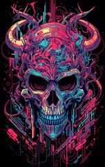 Naklejka premium Intricately designed demonic skull mask illustration, colorful colors, Japanese culture, vivid illustration created by artificial intelligence, AI..