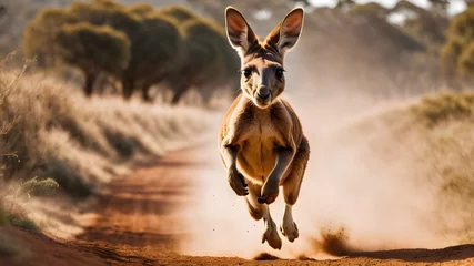 Wandcirkels plexiglas kangaroo running in the jungle , dust effect, , Australia  © monu