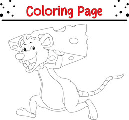 cute mouse running carrying cheese coloring page for kids. Black and white vector animals for coloring book