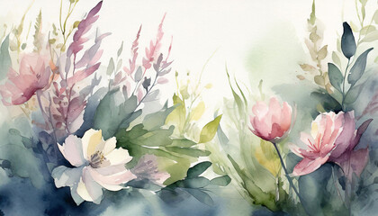 Piękna pastelowa akwarela, kwiaty na łące, dekoracja, tekstura, generative ai