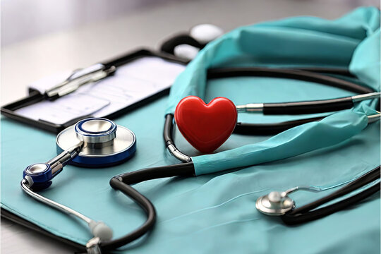 Heart-shaped stethoscope and clipboard on medical uniform, close-up. Compassionate care and professional expertise in healthcare.