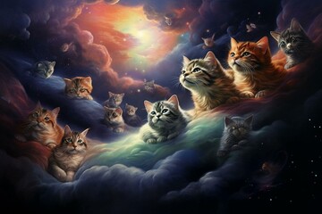 vivid felines floating amidst celestial expanse. Generative AI