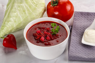 Borsch soup with cabbage and beetroot
