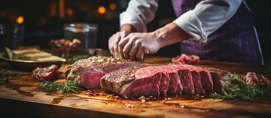 close up of chef wearing an apron slicing raw meat with a butcher knife on a wooden chopping board