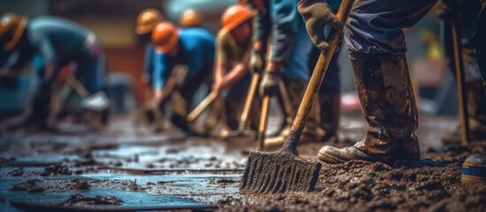 Close up of construction workers with shovels working on floor tile construction - obrazy, fototapety, plakaty