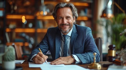 professional business man executive ceo manager, lawyer wearing suit sitting at desk signing law document writing signature making legal agreement corporate deal in office,generative ai