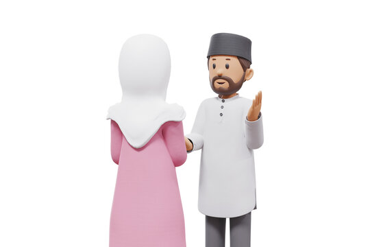 3D illustration of a Muslim man and woman greeting each other with transparent background