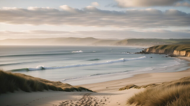 serene image captures beach and ocean, showcasing the meeting point of land and sea