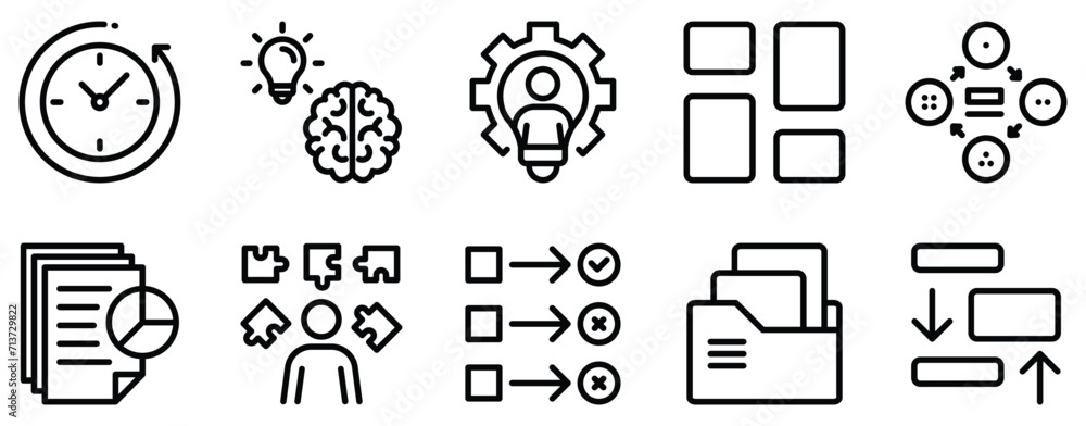 Poster task and project management icon line style set collection.