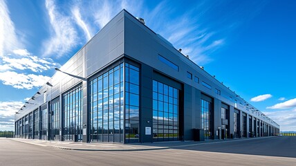 Fototapeta na wymiar logistics center, headquarters or large office under a blue sky. AI generated