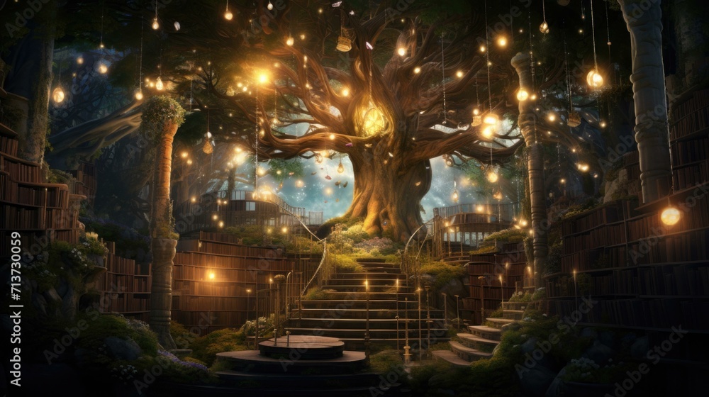 Poster the tree of life in the forest with lights. generative ai.