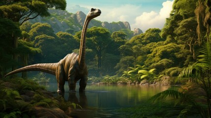The good dinosaur is standing in a river with trees and rocks. Generative AI.