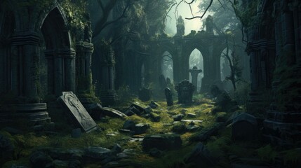 A dark and creepy forest with tombstones. Generative AI. - obrazy, fototapety, plakaty