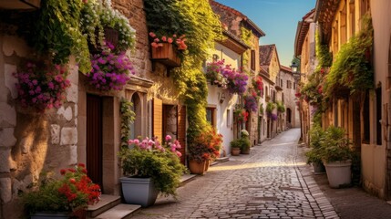 A narrow street with flowers in pots on the side. Generative AI.