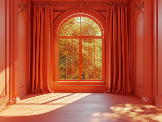 Classic interior featuring a grand ornate window draped with luxurious red curtains, overlooking a vibrant autumnal landscape. 3d illustration.