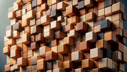 pattern of wooden cubes with a realistic texture, each cube reflecting the unique grain and color variations of different types of wood