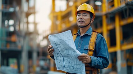 portrait image engineer man wearing helmet nd uniform holding blue print roll with modern concrete and steel building construction site background in morning,generative ai