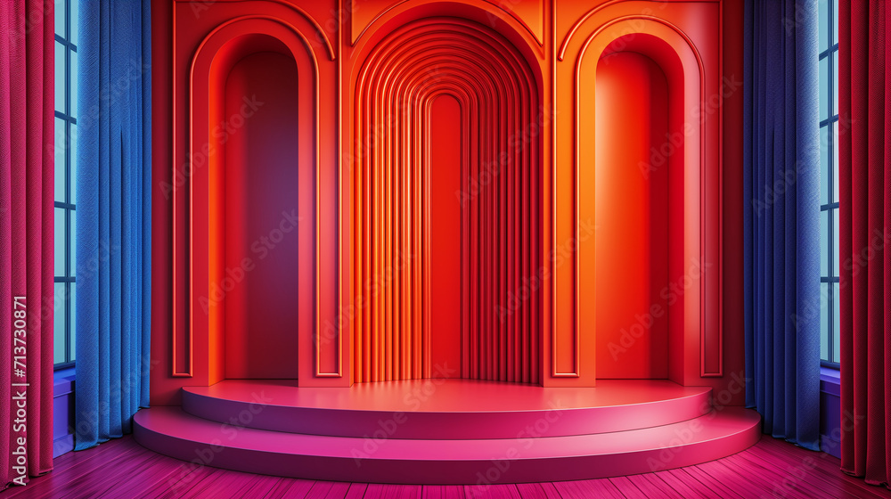 Poster 3d empty product display podium for presentations. bold and visually captivating corridor with arche