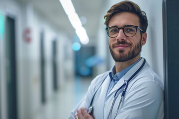 Portrait of confident male doctor with stethoscope standing in hospital corridor