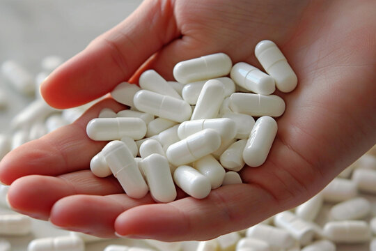 Close-up of white pills in the hands of a child.