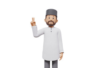 3d illustration of man muslim greeting, pointing and showing something at camera with transparent background