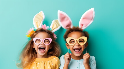 Two joyful girls in bunny ears celebrating easter