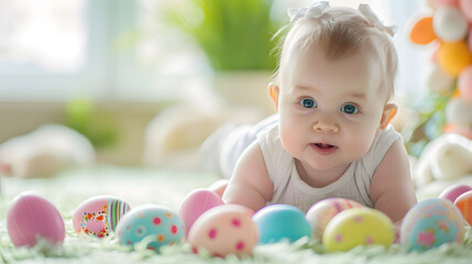 Fototapeta na wymiar Happy baby and colorful easter eggs